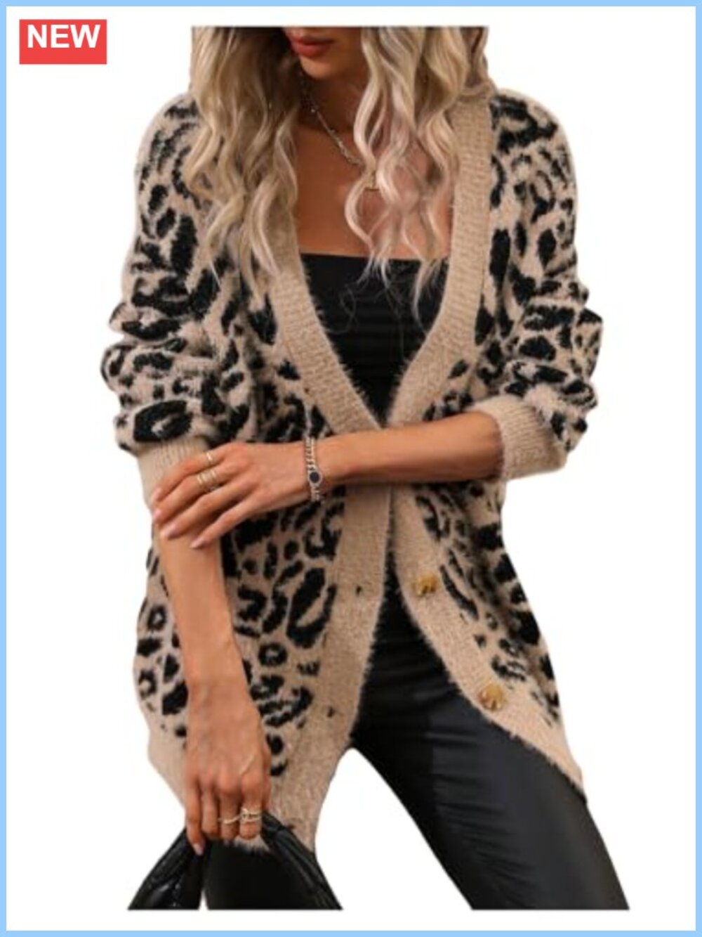 Leopard Print Button Down V Neck Cardigan Sweater Fuzzy Oversized